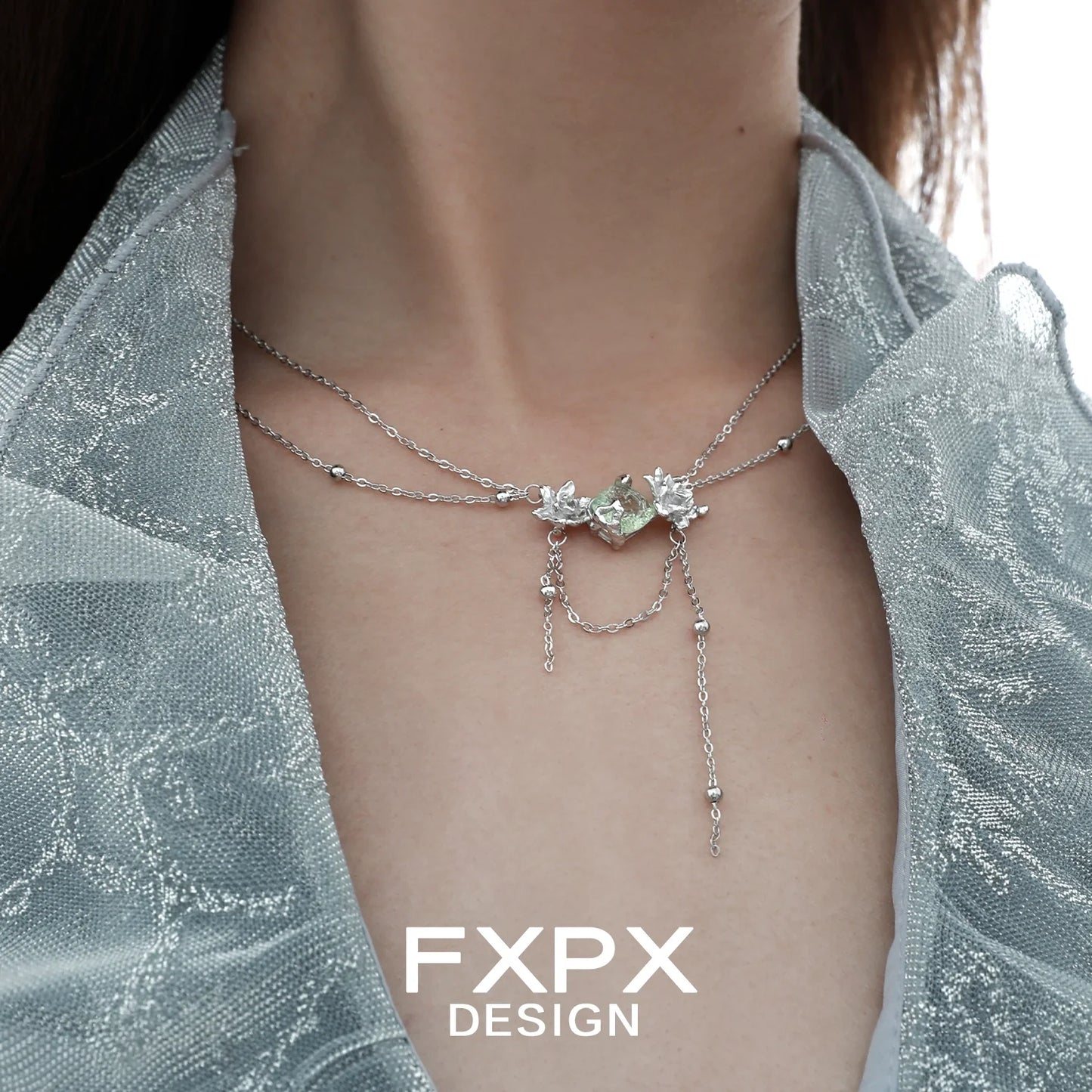 FXPX green zircon double layer necklace featuring elegant silver accents and delicate design