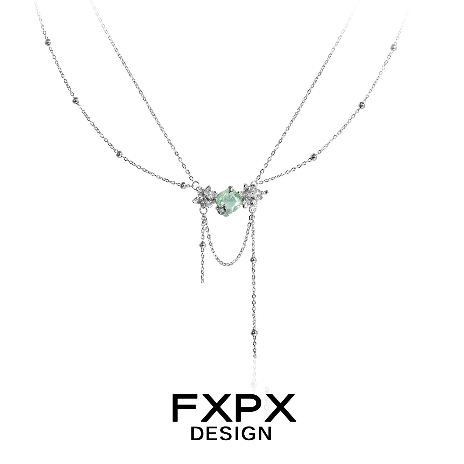 FXPX green zircon double layer necklace featuring delicate chain and sparkling accents