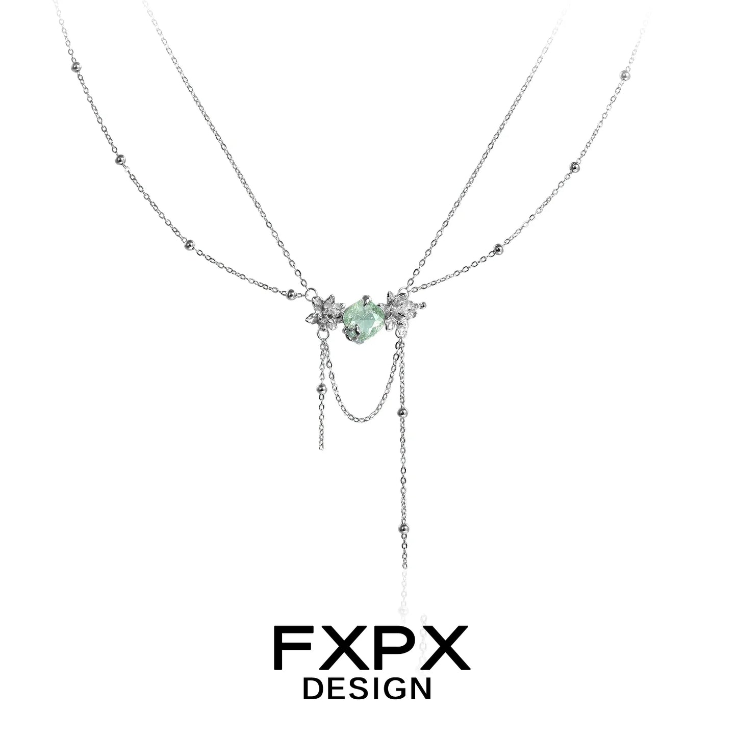 FXPX green zircon double layer necklace featuring a stylish pendant and delicate silver chains