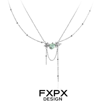 FXPX green zircon double layer necklace featuring a stylish pendant and delicate silver chains