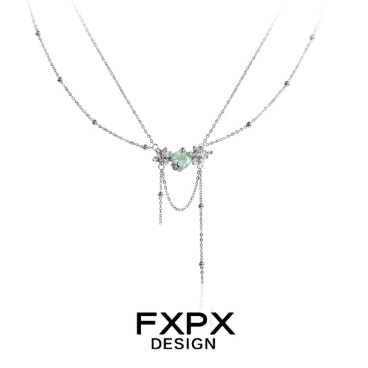 FXPX green zircon double layer necklace featuring a stylish pendant and delicate silver chains
