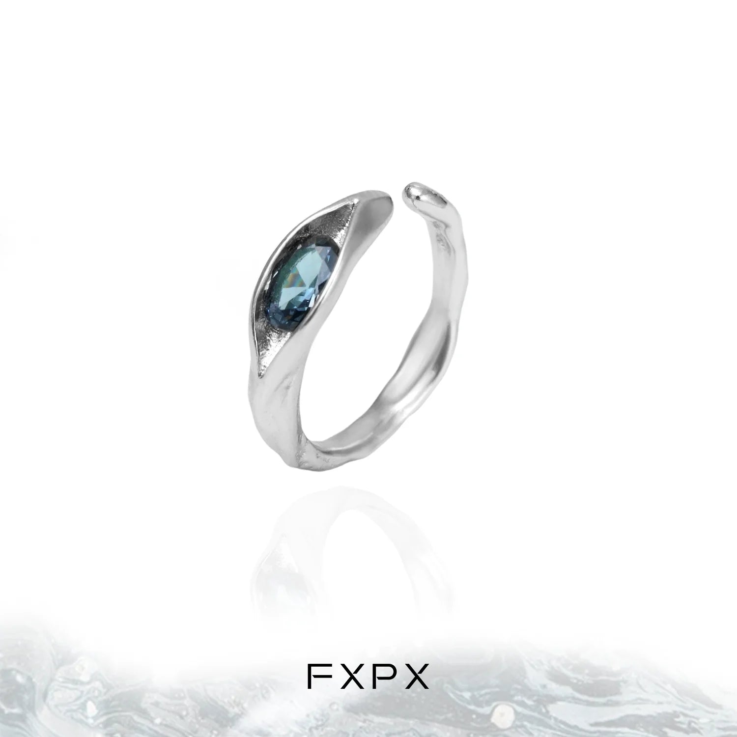 FXPX Iceland blue zircon ring with a unique wave design and a sparkling blue gemstone