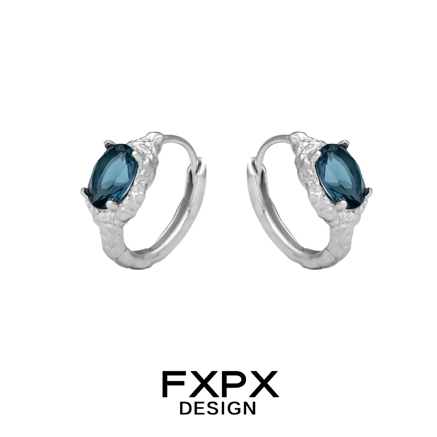 Stylish FXPX Iceland blue zircon stud earrings with a unique textured silver setting