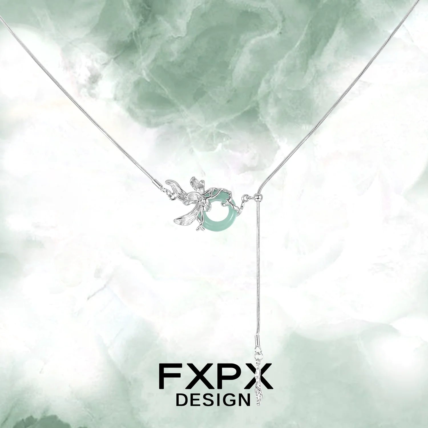 FXPX Iris safety buckle necklace featuring a delicate design with silver accents and a mint green center