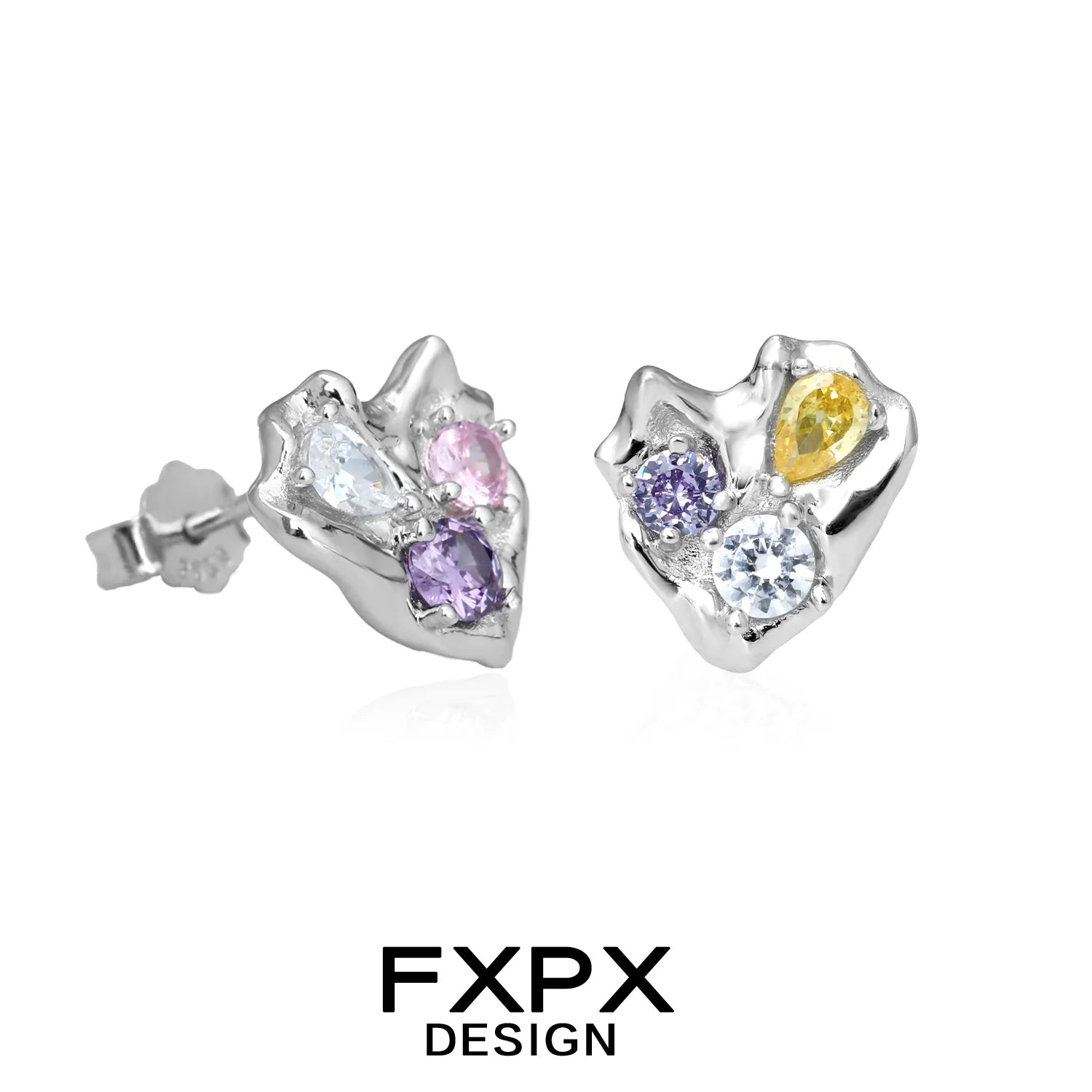 FXPX irregular dopamine earrings with colorful gemstones in a unique silver design
