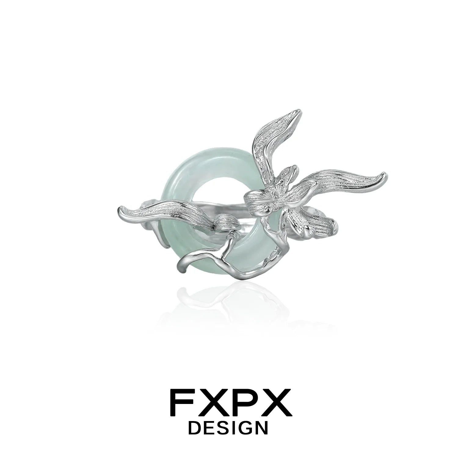 FXPX lake iris silver ring featuring a delicate design with a frosted mint glass accent