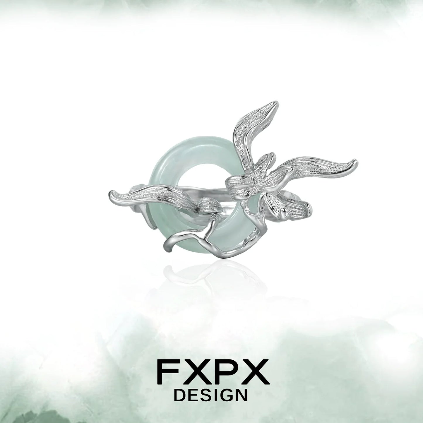 FXPX lake iris silver ring featuring an intricate floral design with a greenish stone