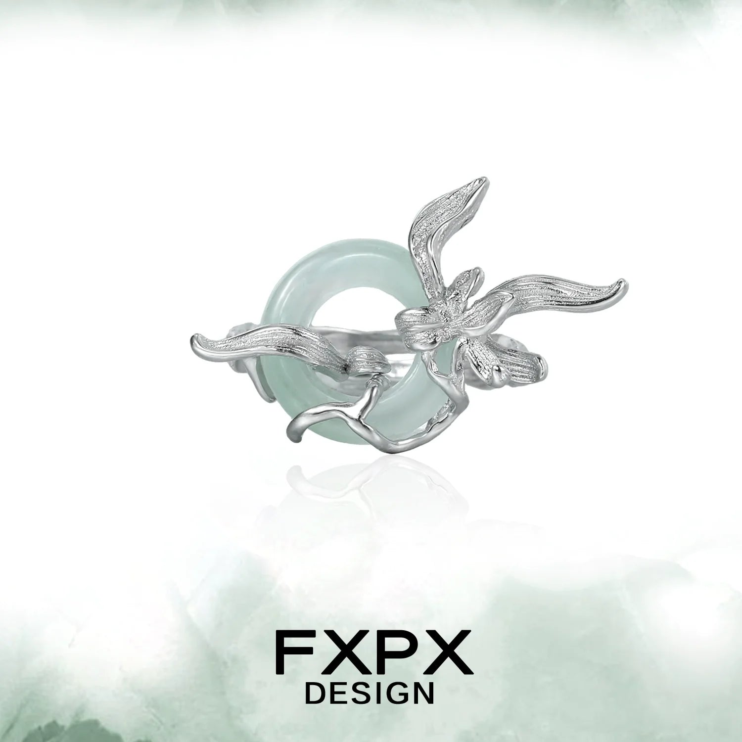FXPX lake iris silver ring featuring an intricate floral design with a greenish stone