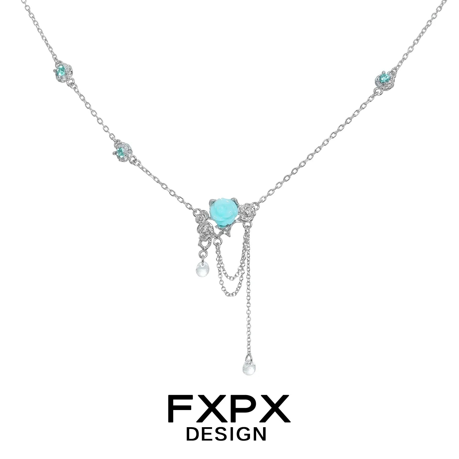 FXPX light blue rose pendant necklace with delicate chain and sparkling accents for elegant style