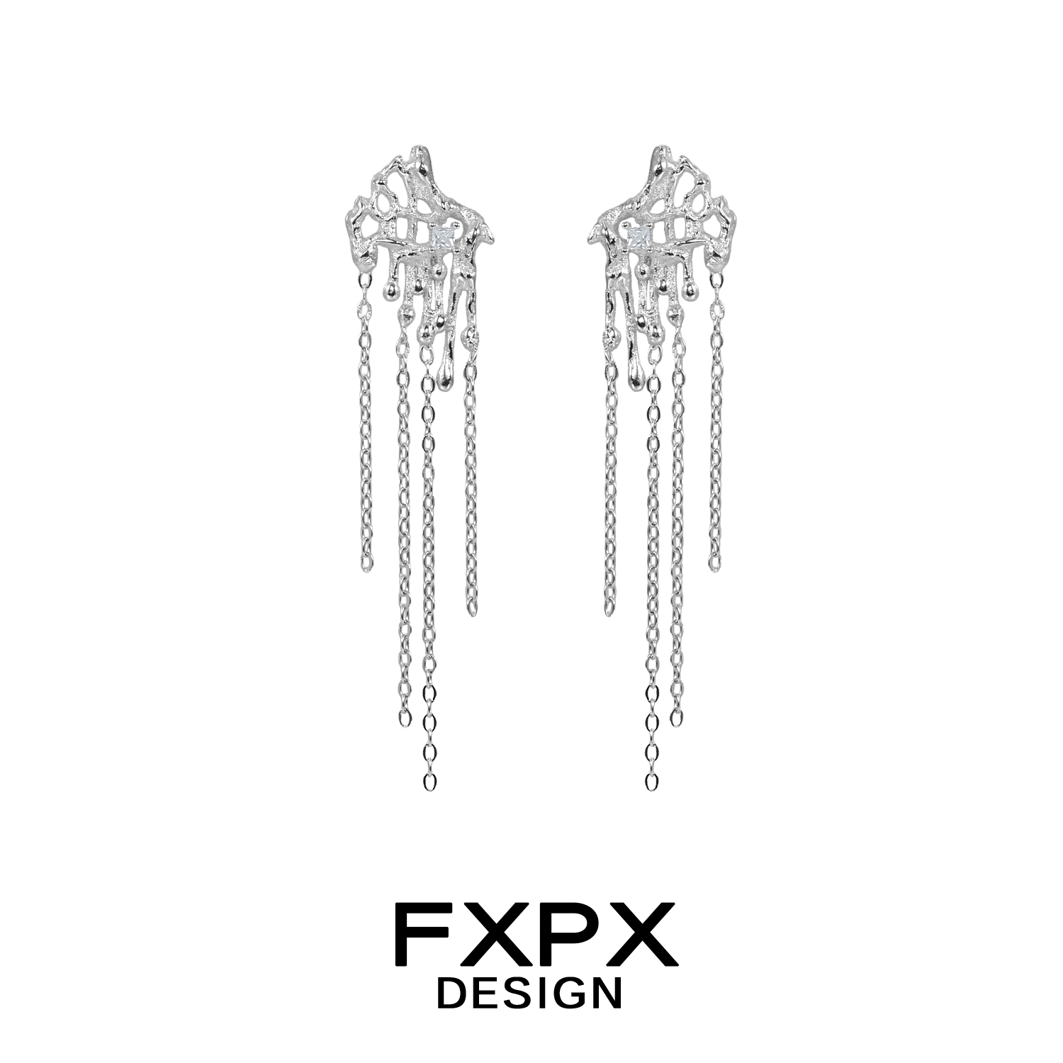 Liquid metal tassel earrings by FXPX featuring intricate designs and cascading chains