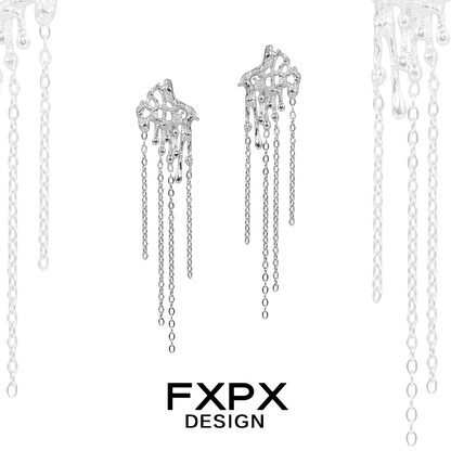 FXPX liquid metal tassel earrings in silver with cascading chains for an elegant look