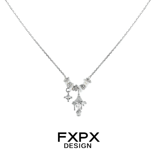 FXPX metal mushroom necklace featuring intricate designs on a silver chain for modern style