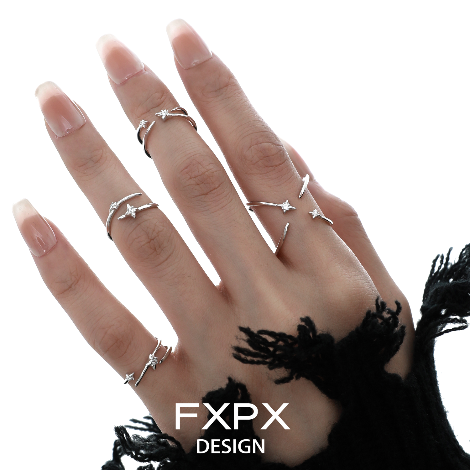 FXPX Meteor Track Silver Ring Set Worn on Hand with Stylish and Elegant Design