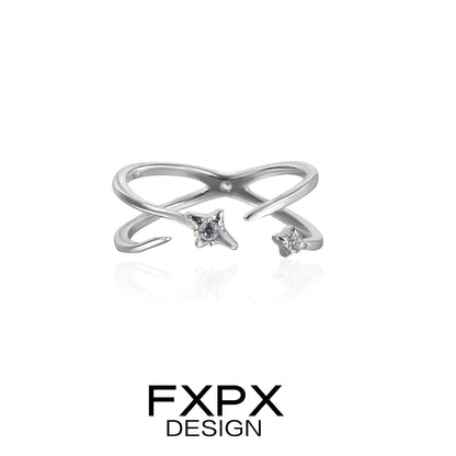 FXPX Meteor Track Silver Ring featuring a unique intertwined design with sparkling gems