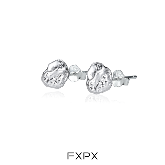 FXPX Meteorite Stud Earrings in Silver, featuring a unique and textured design