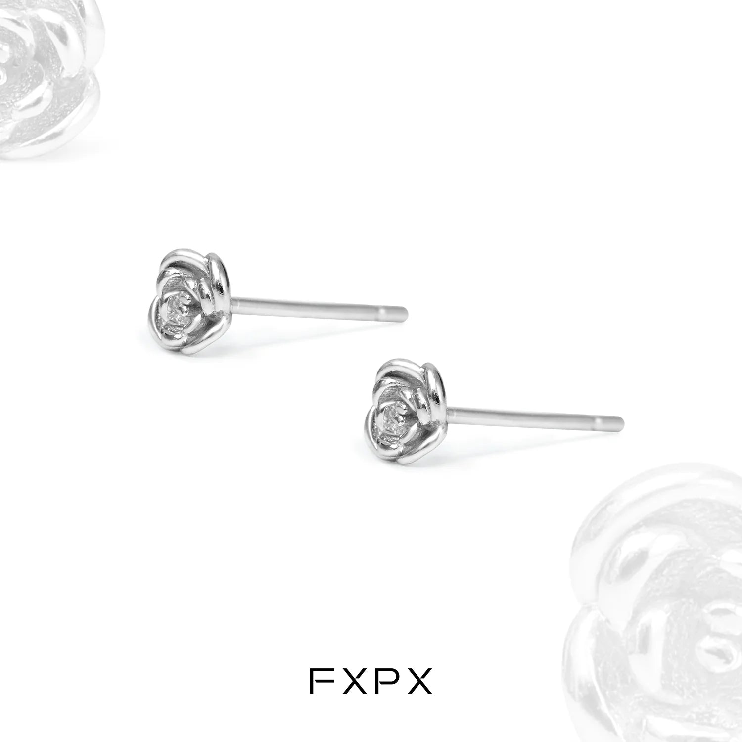 Minimal rose silver earrings with delicate rose design and polished finish by FXPX