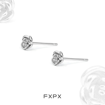 Minimal rose silver earrings with delicate rose design and polished finish by FXPX