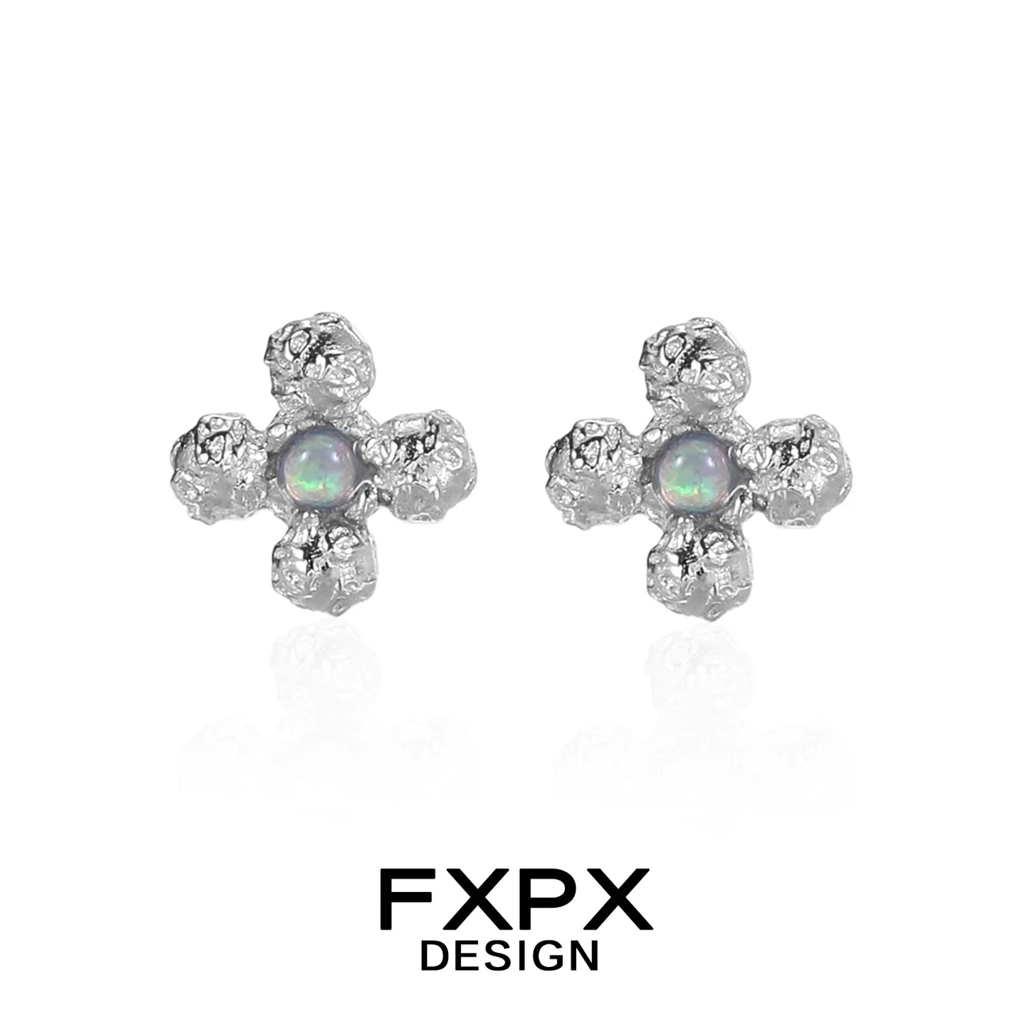 FXPX minimalist cross earrings with iridescent stones set in textured silver design