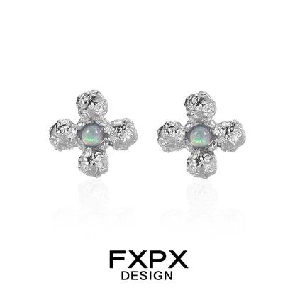 FXPX minimalist cross earrings with iridescent stones set in textured silver design