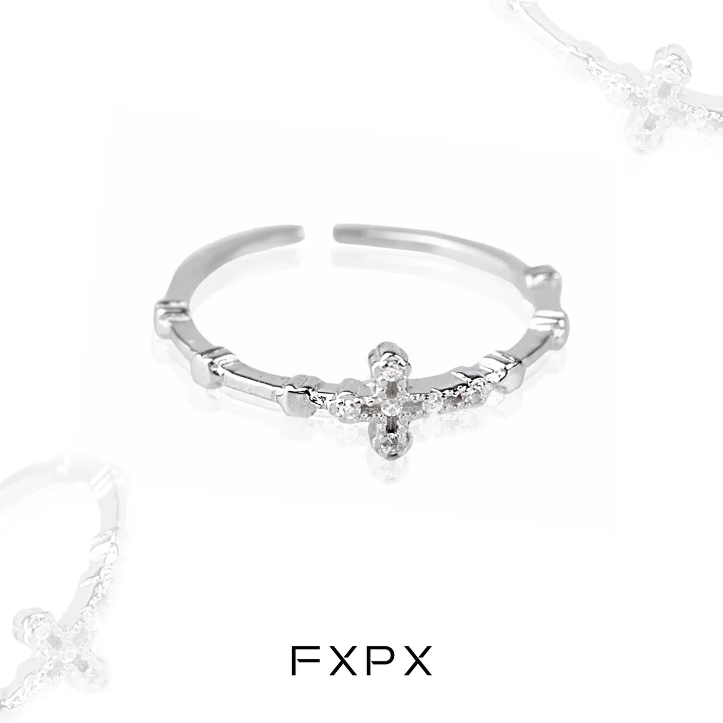 Elegant minimalist cross silver ring from FXPX with a delicate design and sparkling accents