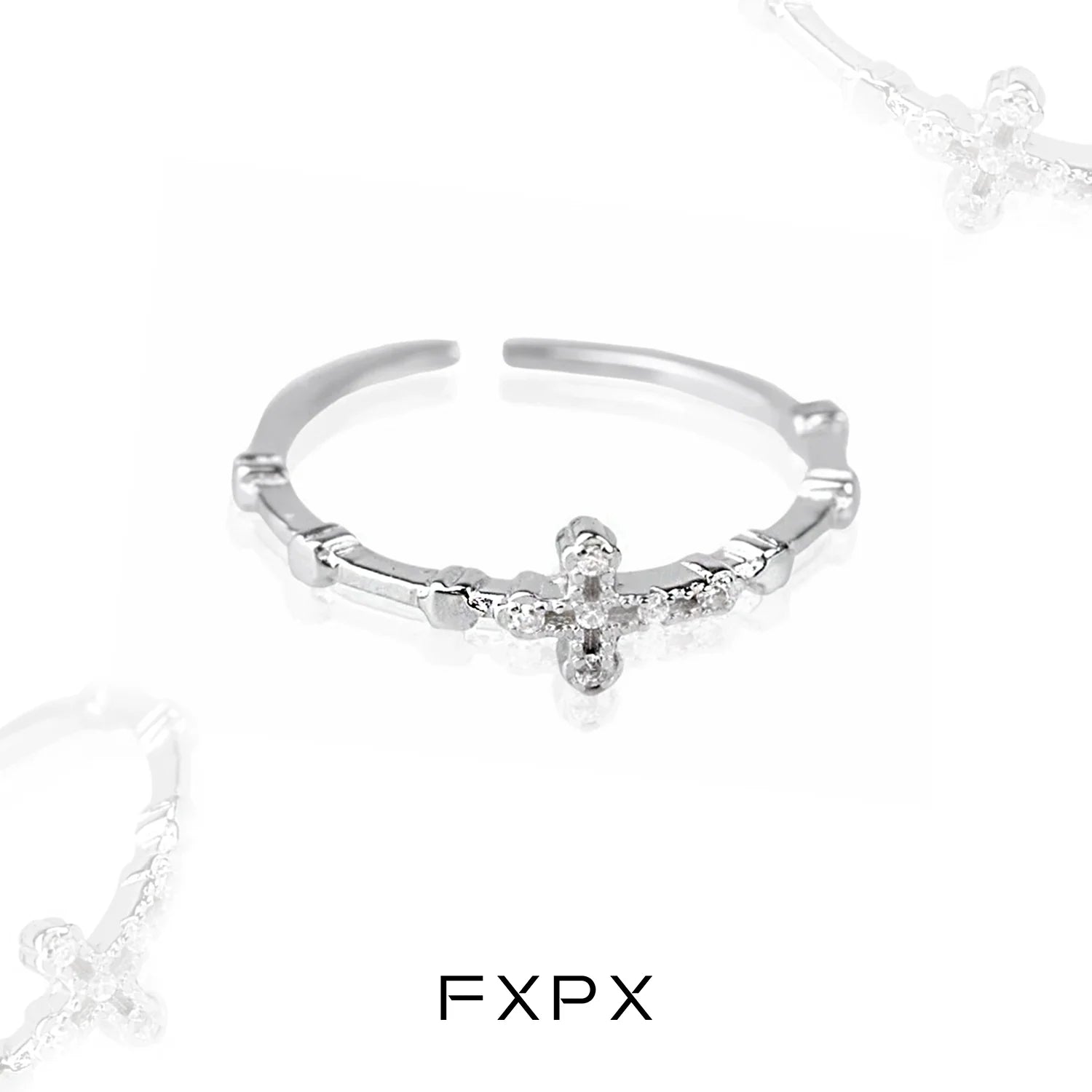 Elegant minimalist cross silver ring from FXPX with a delicate design and sparkling accents