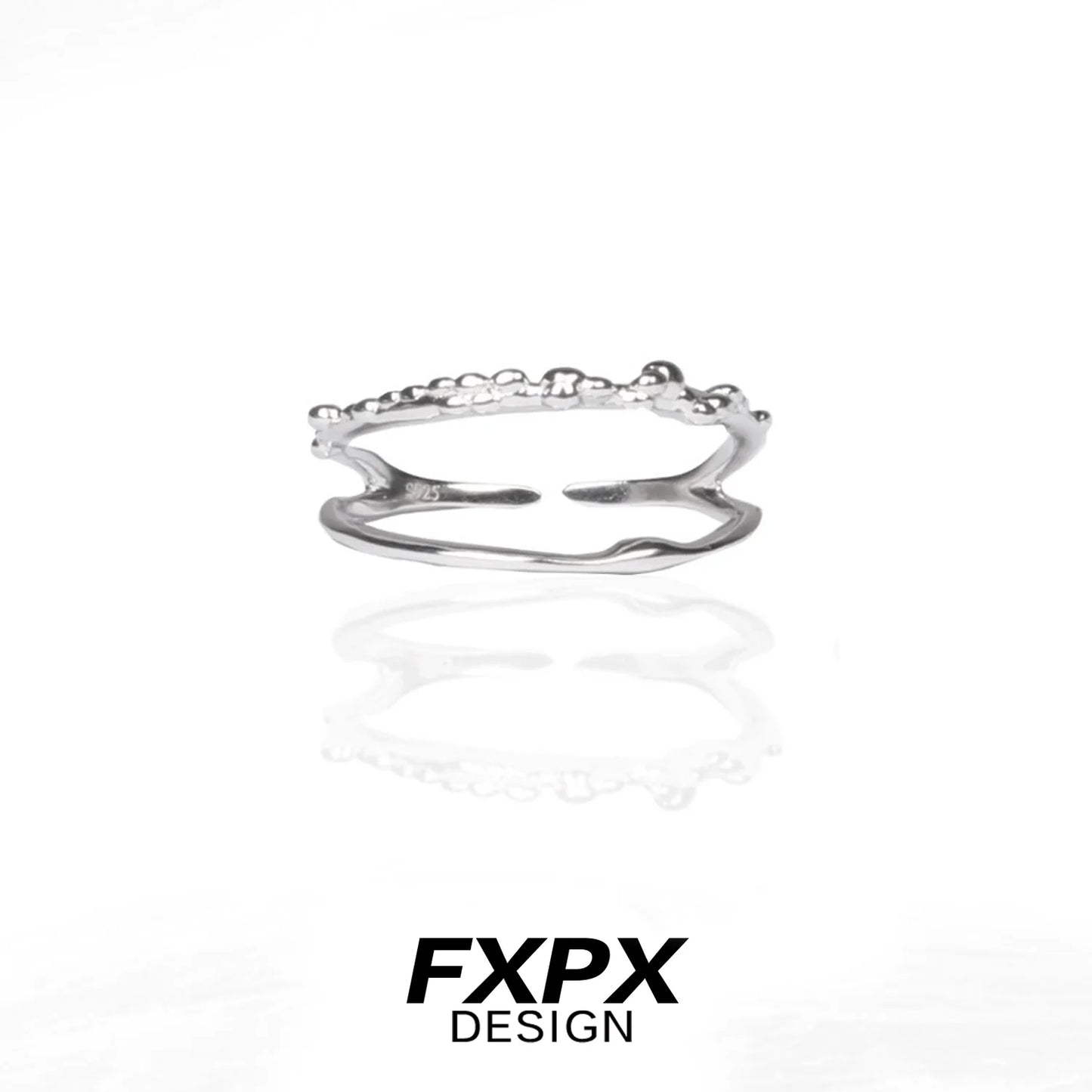 FXPX minimalist double layer ring in silver with a sleek, modern design and polished finish