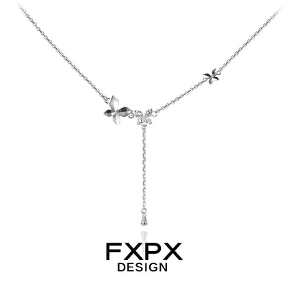 FXPX mirror butterfly pendant necklace with elegant floral design and hanging charm