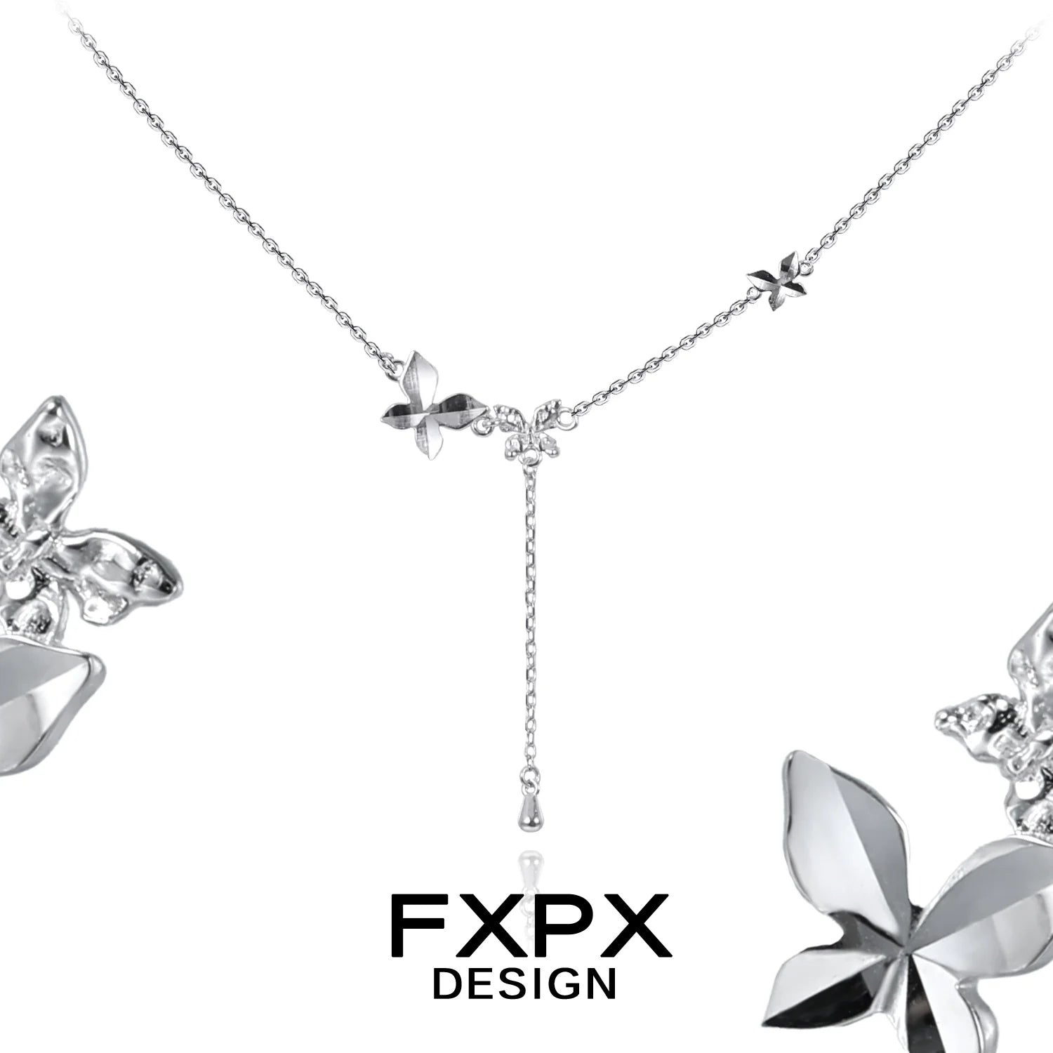 FXPX mirror butterfly pendant necklace with elegant design and adjustable chain detail