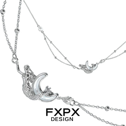 FXPX moon shell necklace featuring a silver design with intricate details and a unique crescent shape