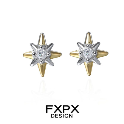 FXPX Mystic Gold Star Earrings Featuring a Unique Two-Tone Design with Sparkling Gems