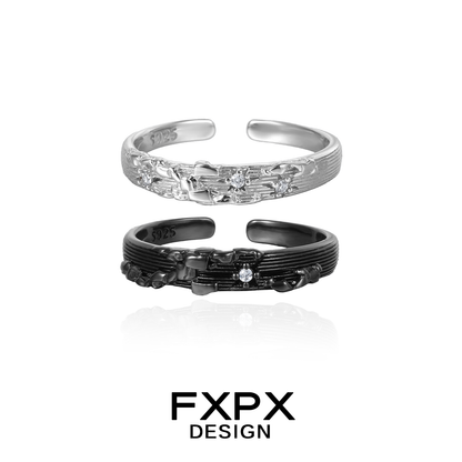 FXPX Mystic Map Couple Rings in Silver and Black with Unique Textured Design