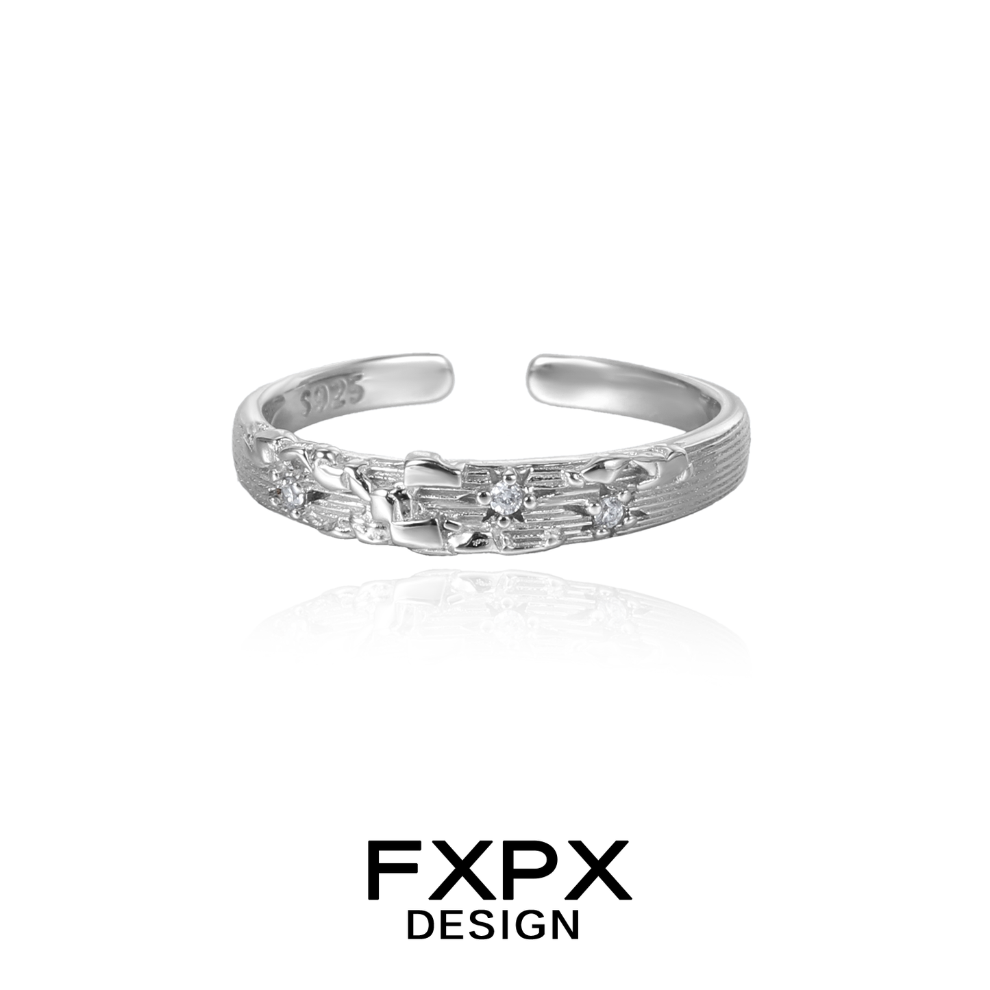 Elegant FXPX mystic map couple rings in silver with a textured design and sparkling details