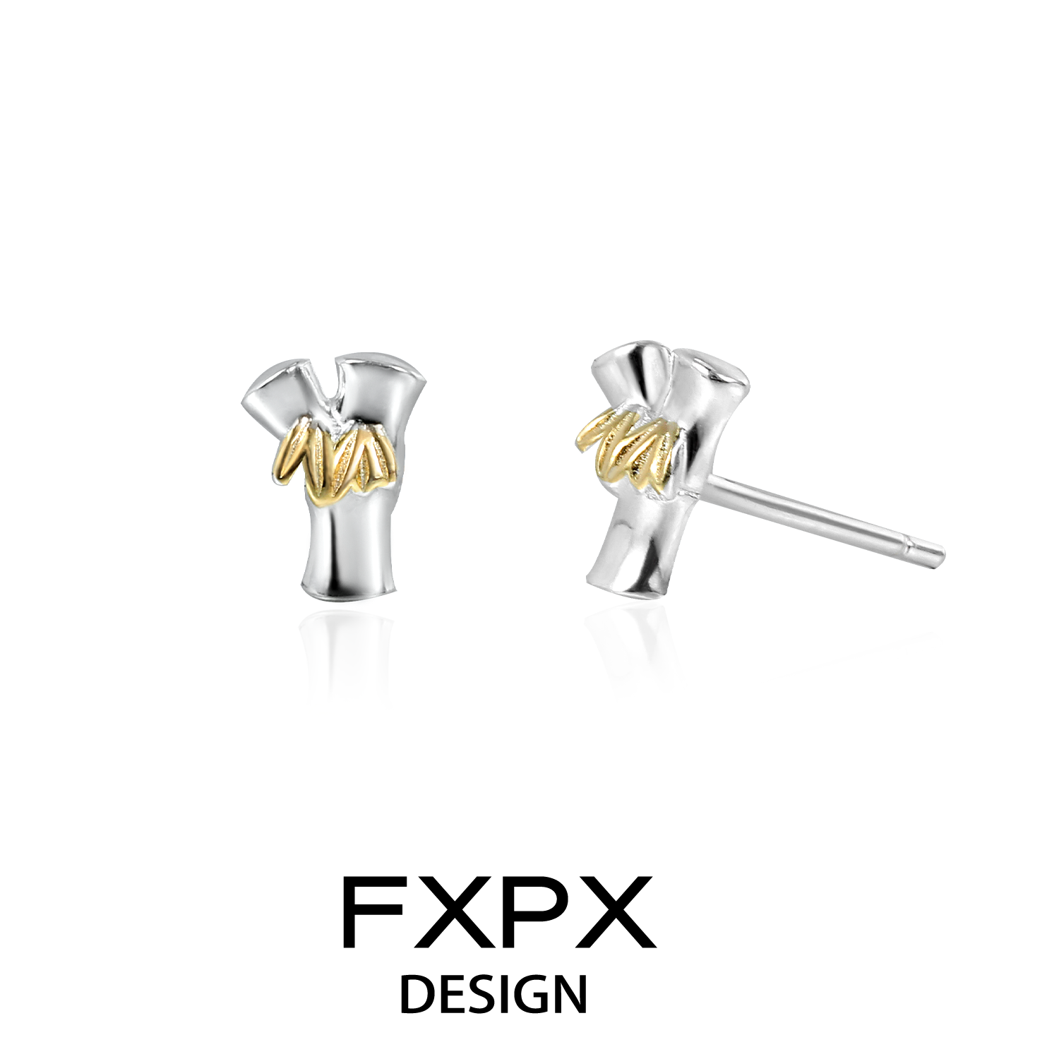 Elegant FXPX panda bamboo silver stud earrings with a unique design featuring gold accents
