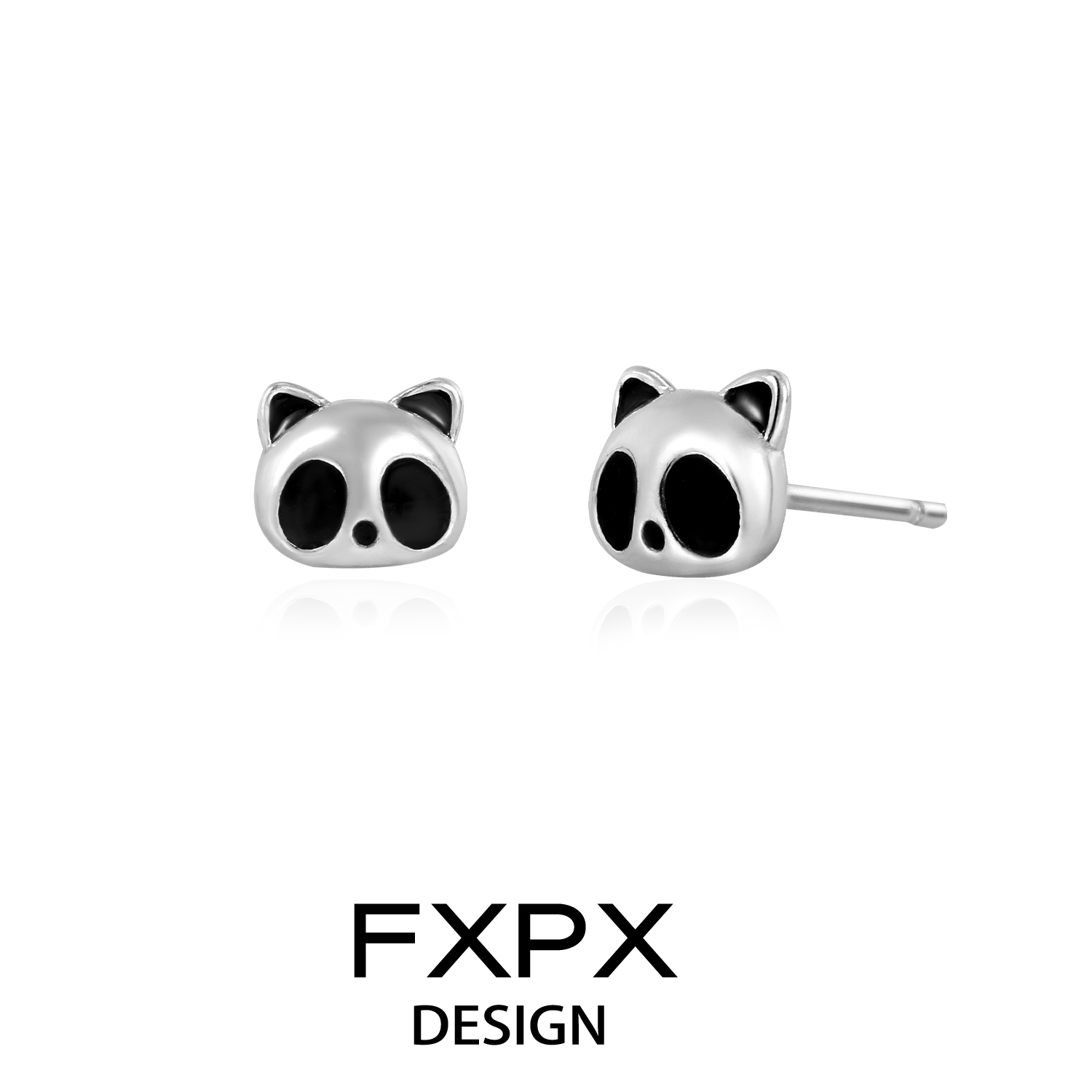 FXPX panda bamboo silver stud earrings featuring cute panda face design in polished silver