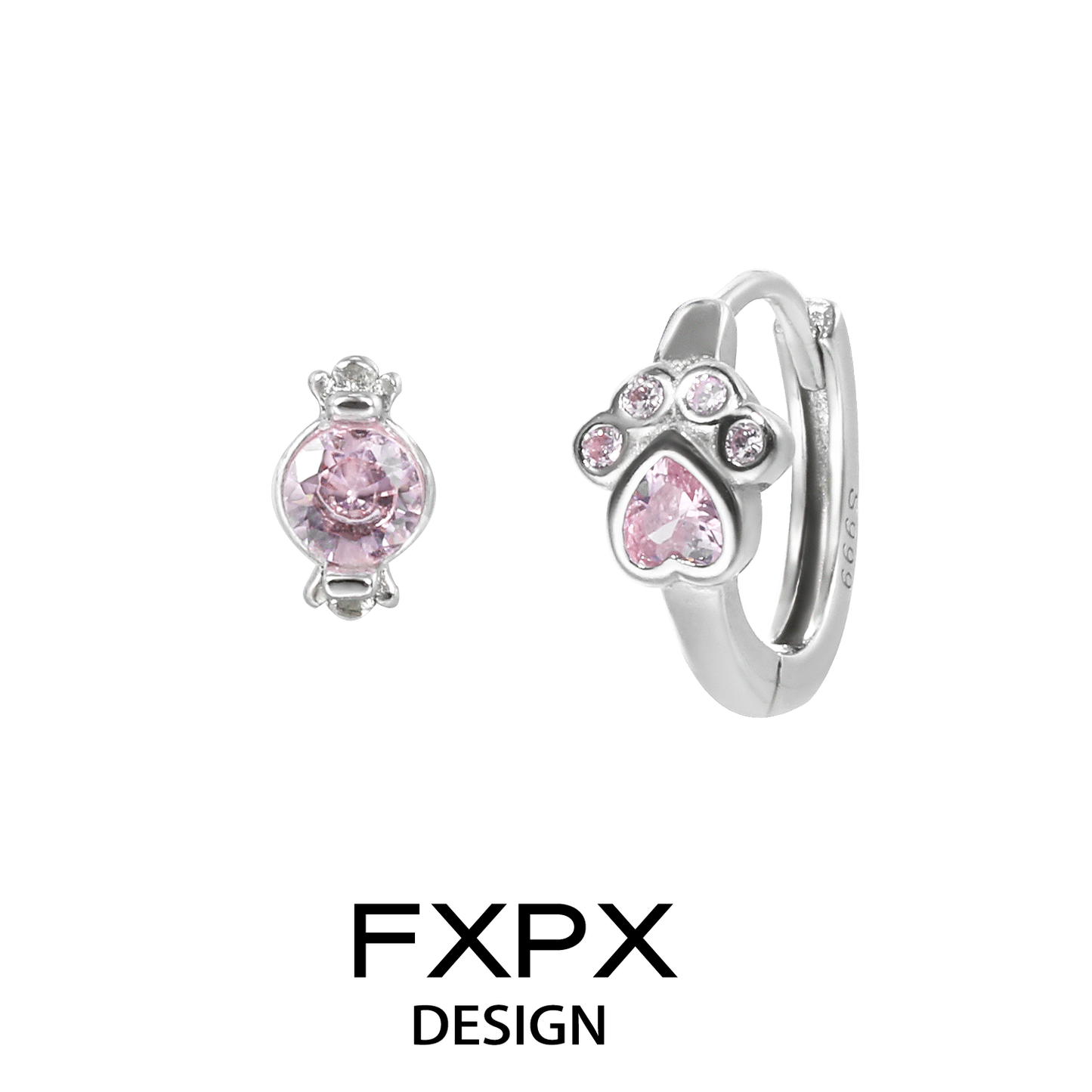 FXPX pink cat paw earrings with sparkling crystals for a cute and stylish accessory