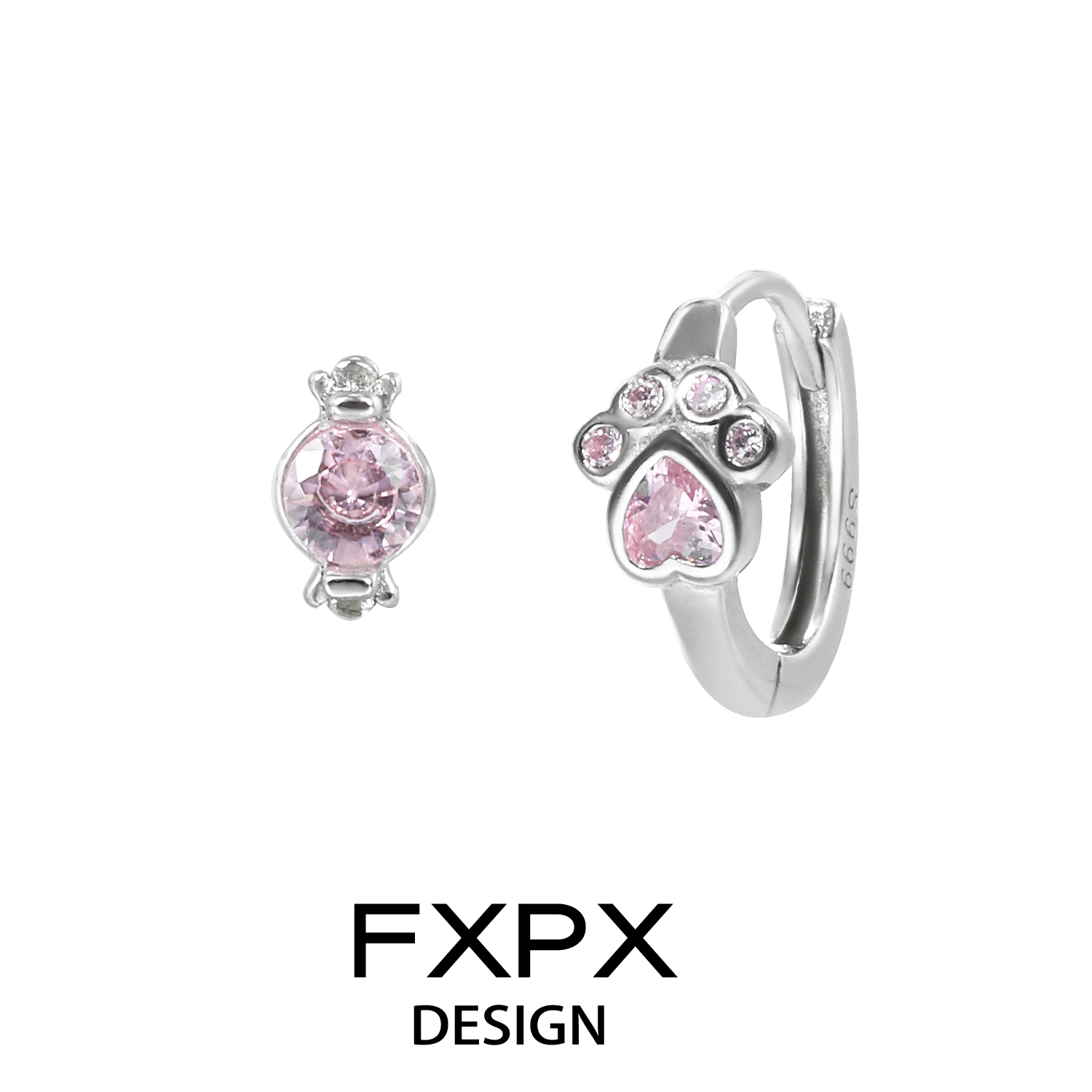 FXPX pink cat paw earrings with sparkling crystals for a cute and stylish accessory