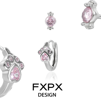 FXPX pink cat paw earrings featuring cute paw designs with sparkling pink gems