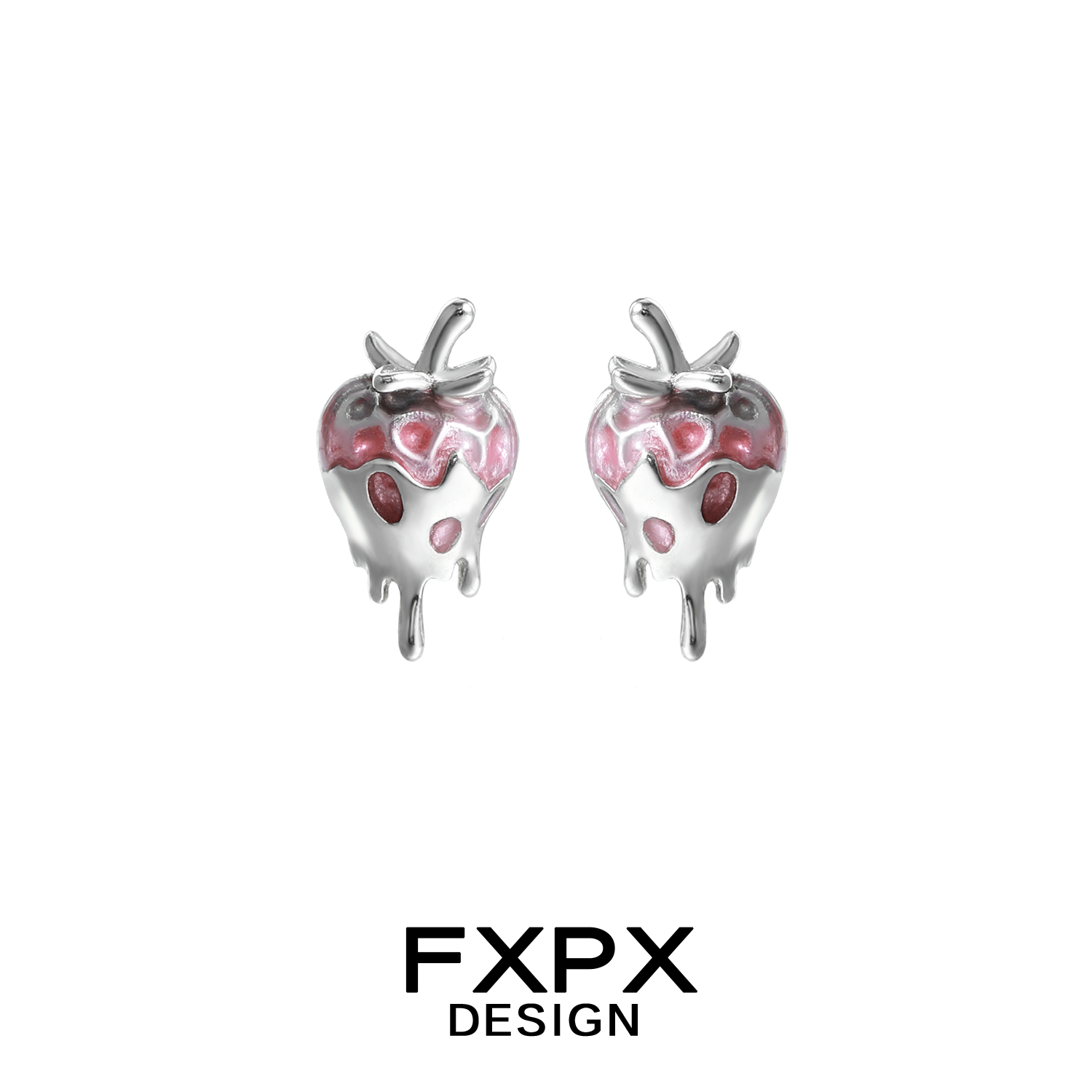FXPX pink strawberry stud earrings featuring a glossy finish and playful design for casual wear