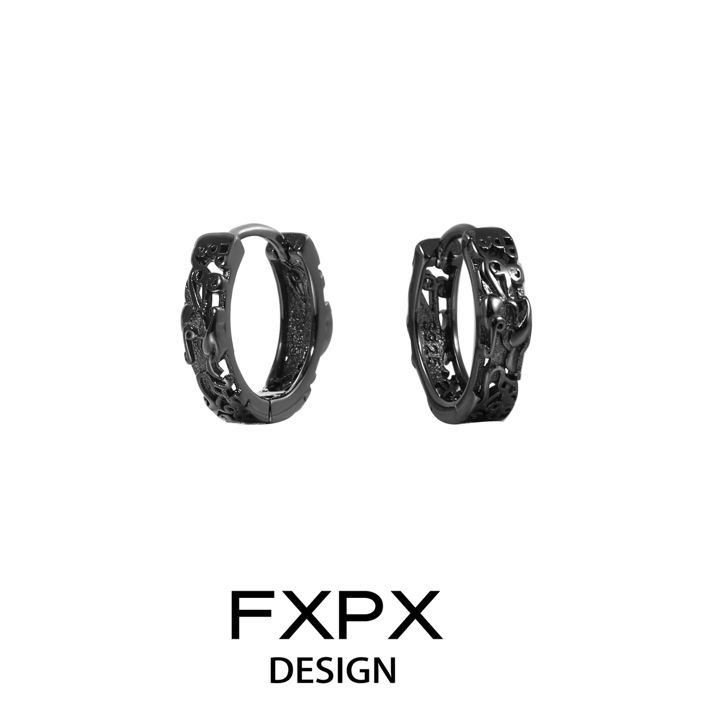 Stylish FXPX Pixiu hoop earrings in black with intricate design for trendy jewelry lovers