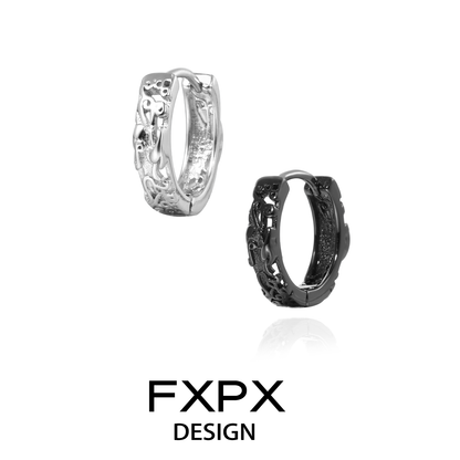 FXPX Pixiu hoop earrings in silver and black with intricate designs for a stylish look
