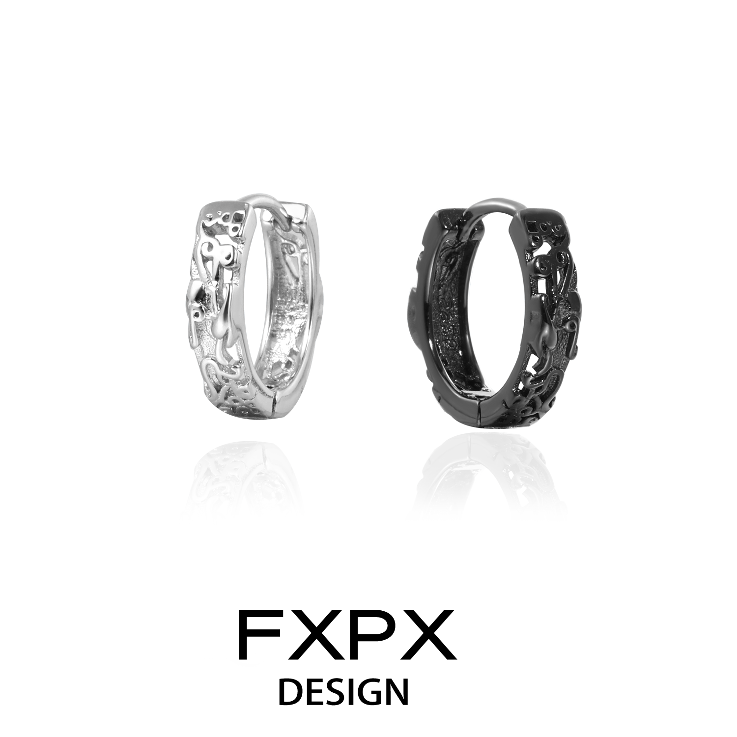 FXPX Pixiu hoop earrings in silver and black with intricate detailing for a stylish look