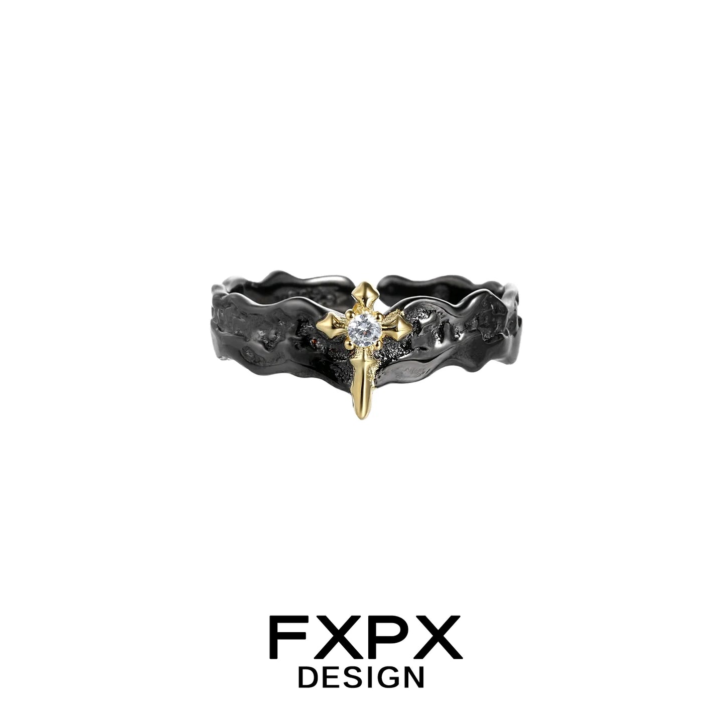 FXPX princess knight couple rings with a gold cross and black textured band design