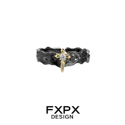 FXPX princess knight couple rings with a gold cross and black textured band design