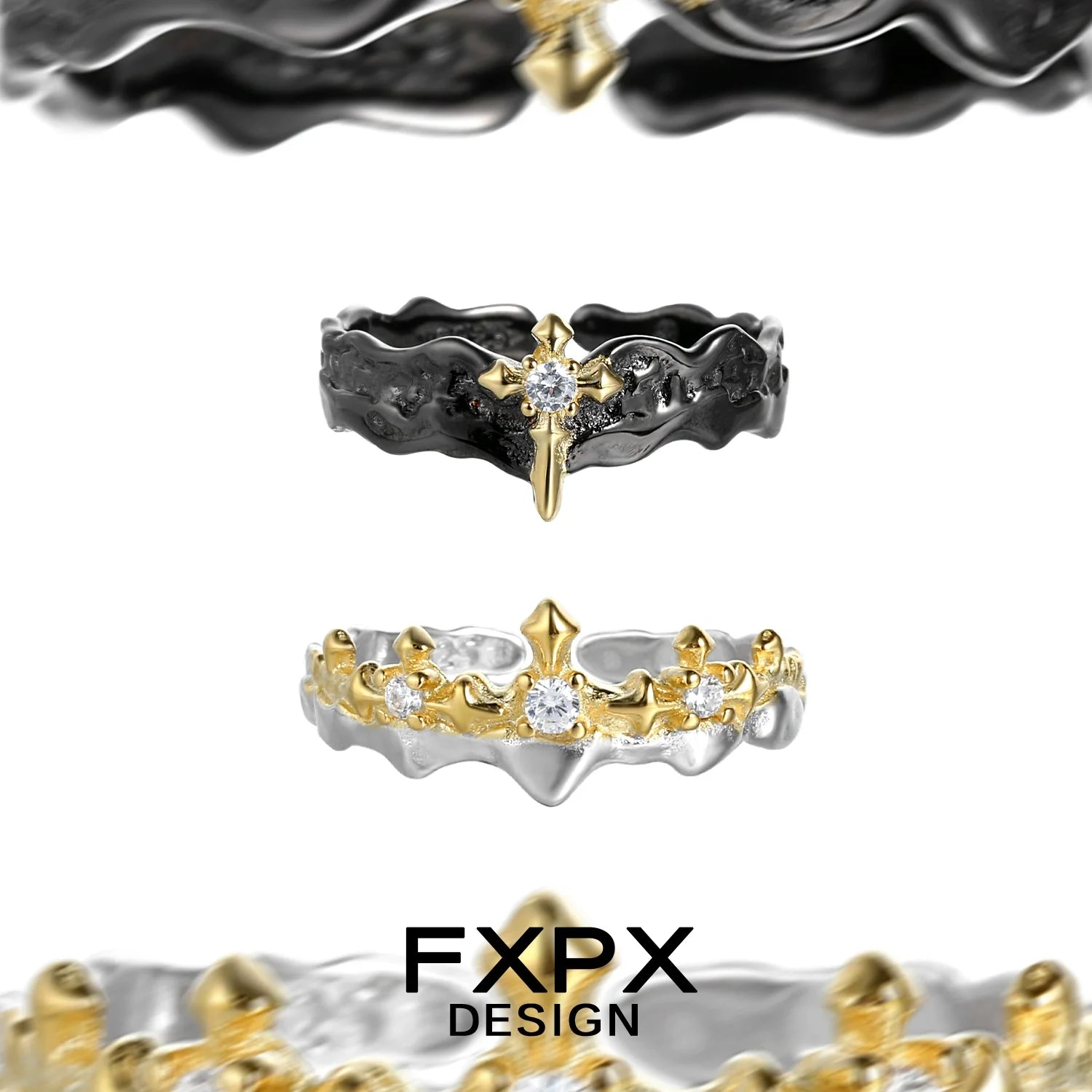 FXPX Princess Knight Couple Rings featuring Cross Designs and Sparkling Stones in Gold and Silver