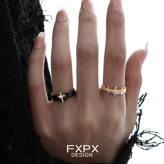 Elegant FXPX princess knight couple rings featuring black and gold designs perfect for romantic occasions