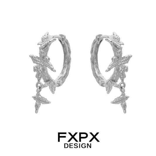 FXPX punk butterfly earrings in silver with a unique leaf design for stylish accessorizing
