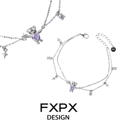 FXPX silver bracelet featuring a purple bear charm and sparkling accents, perfect for stylish accessorizing