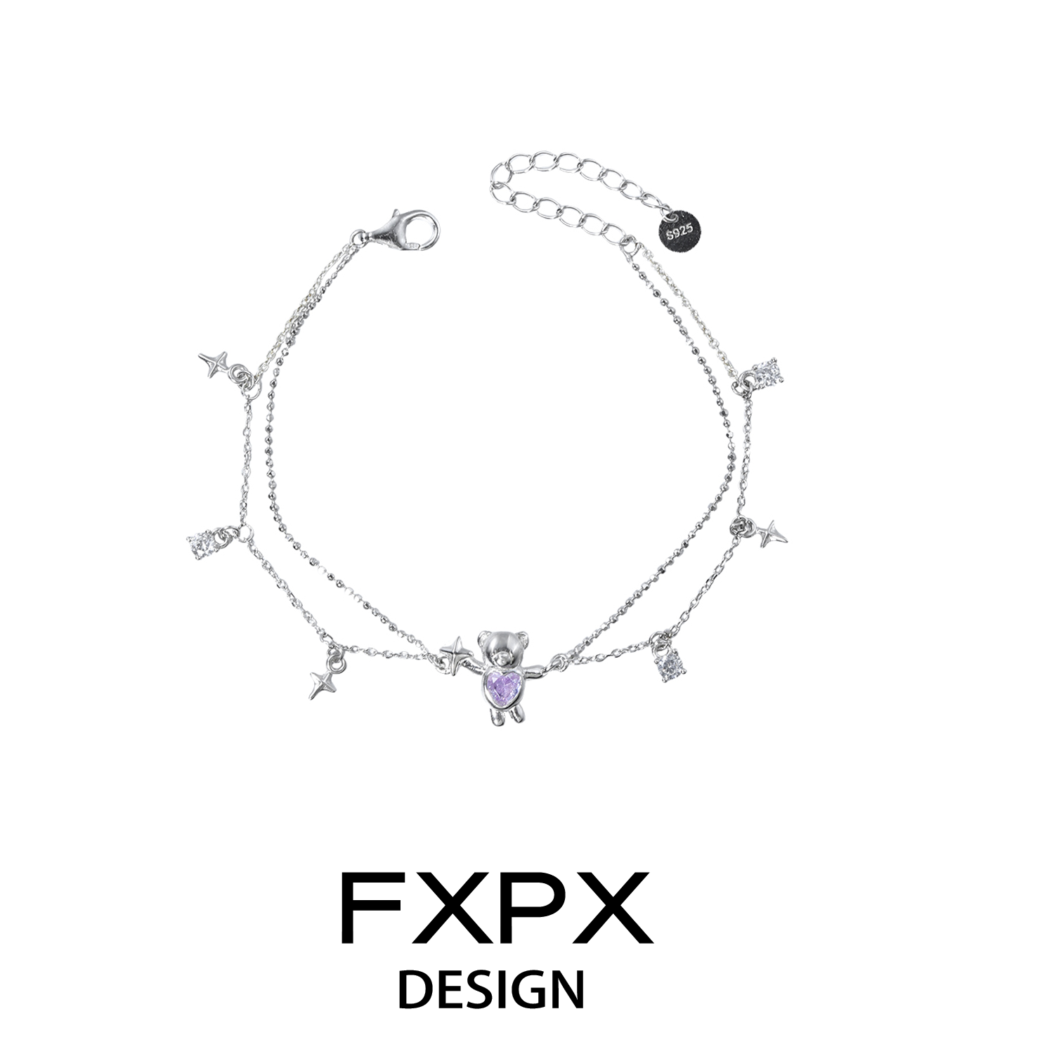 Silver FXPX purple bear charm bracelet with sparkling charms for a stylish accessory