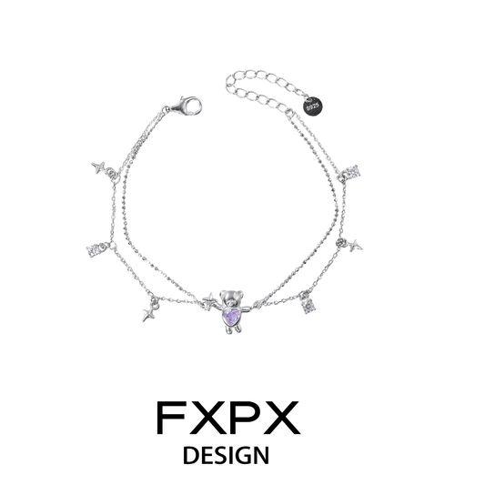 Silver FXPX purple bear charm bracelet with sparkling charms for a stylish accessory