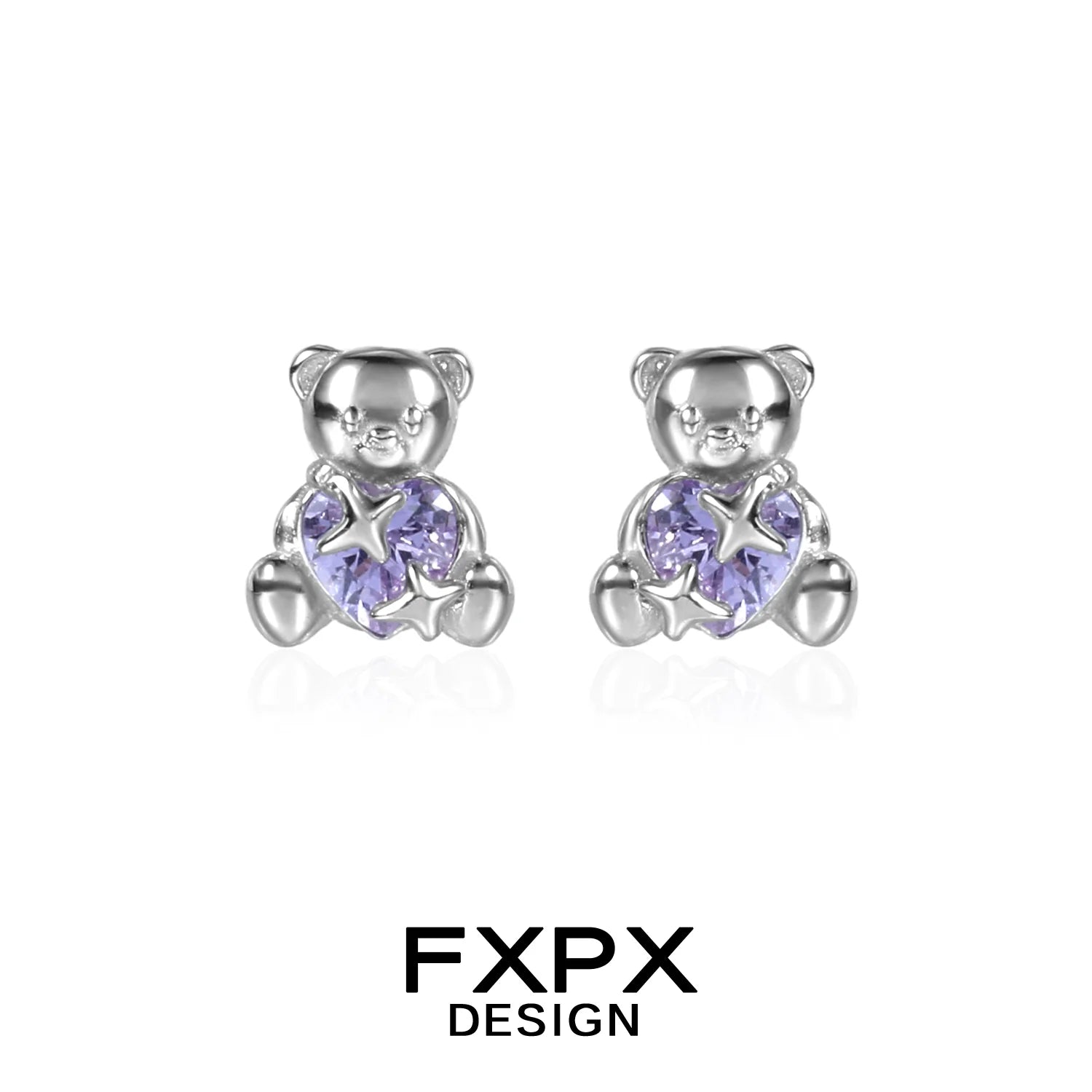 FXPX purple bear stud earrings with sparkling purple gemstones and silver accents